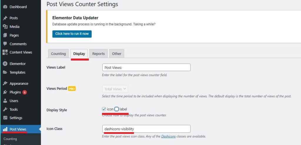 Post Views Counter Display Settings